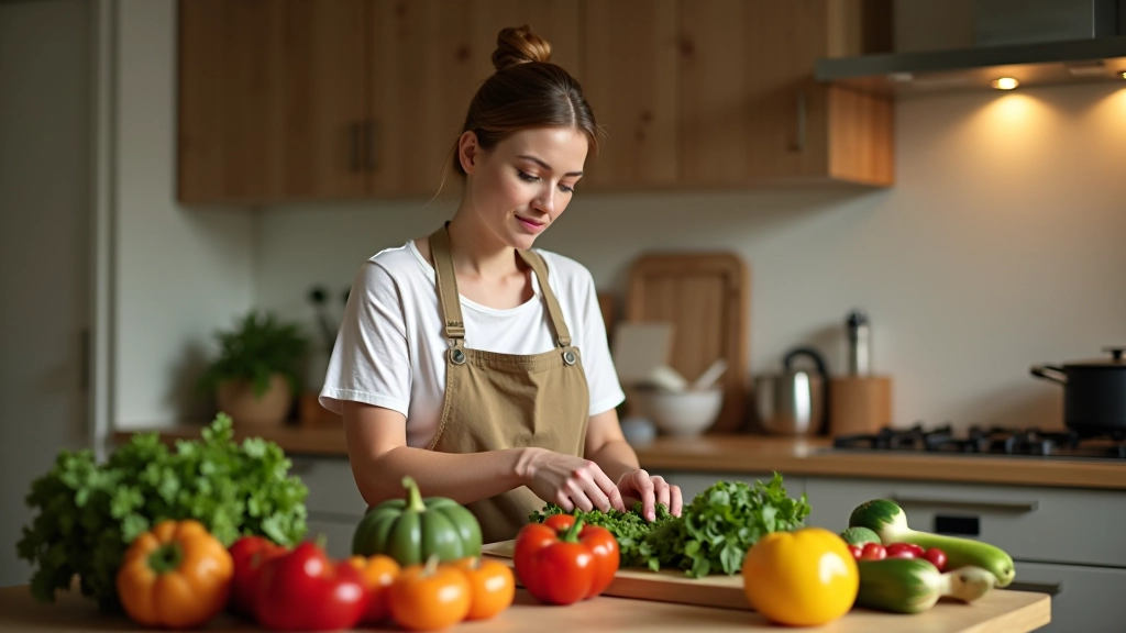 Woman in home kitchen preparing healthy meal ingredients including fresh vegetables and whole grains on wooden counter