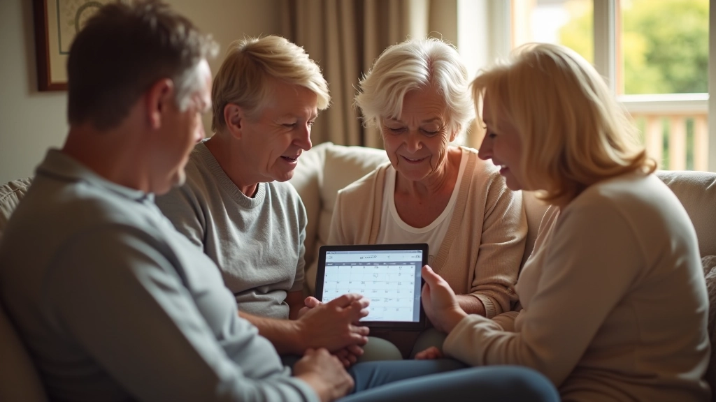 Family meeting in living room with tablet showing calendar and notes, multiple generations looking at screen together