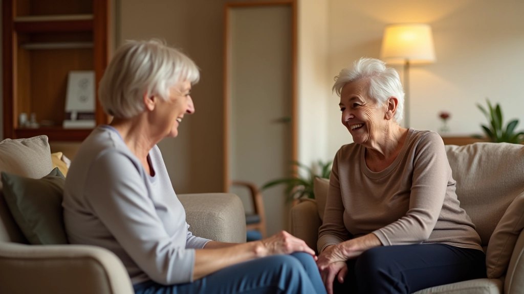 Grandmother and adult daughter having thoughtful conversation in comfortable home setting with warm lighting