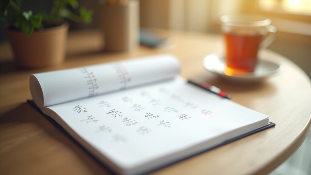 Notebook with handwritten family schedule and notes, pen nearby on wooden desk with warm lighting