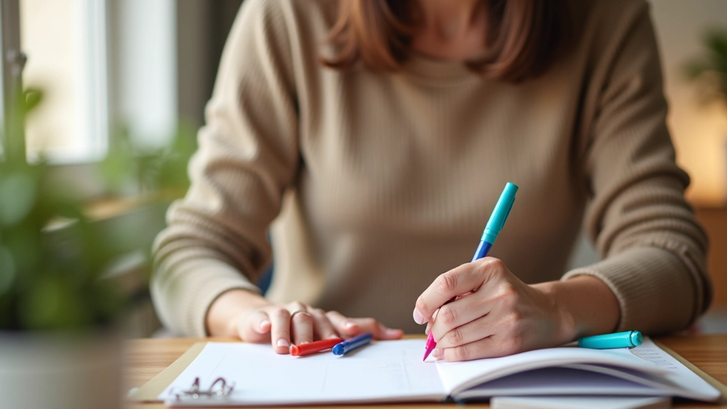 Hands writing notes in paper planner with color-coded sticky tabs, organized weekly planning session in progress, warm afternoon lighting