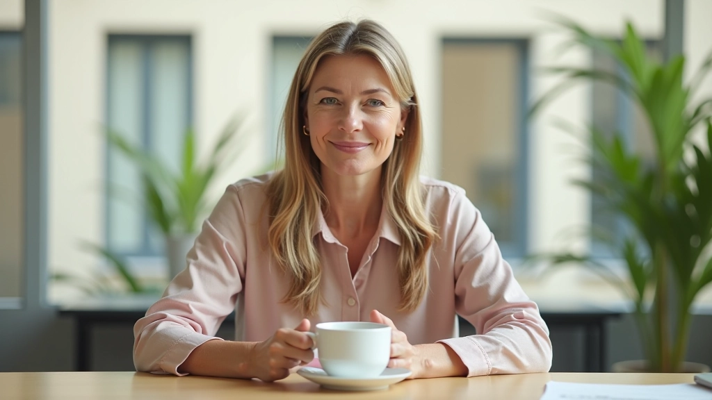 Woman in home office taking a mindful break with tea, looking out window